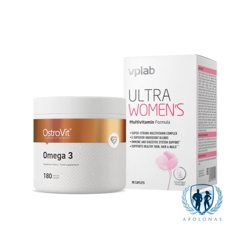 OstroVit omega 3 180kaps, + VpLab vitaminų rinkinys - Pasirinkimas : Moteriški vitaminai