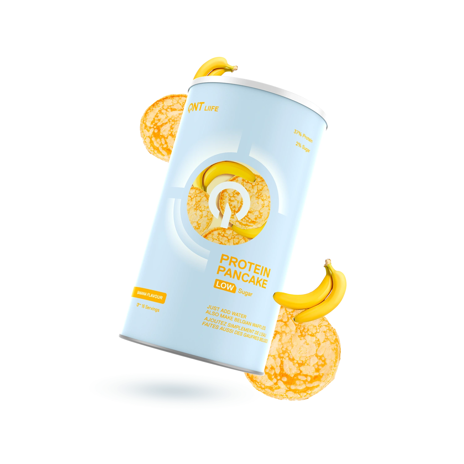 Bananų skonio baltyminių blynų mišinys mažai cukraus, 500g pakuotė ir paruošti blyneliai fone
