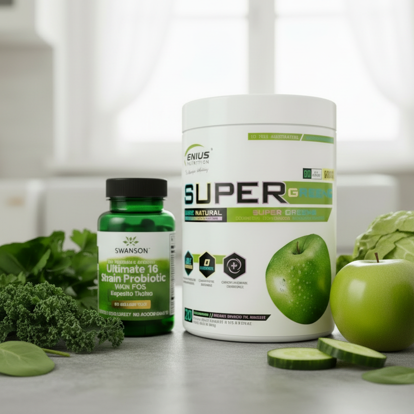 Genius Nutrition Super Greens 300g + Swanson Pieno Rūgšties Bakterijos (Probiotikai-16) 60kaps. rinkinys