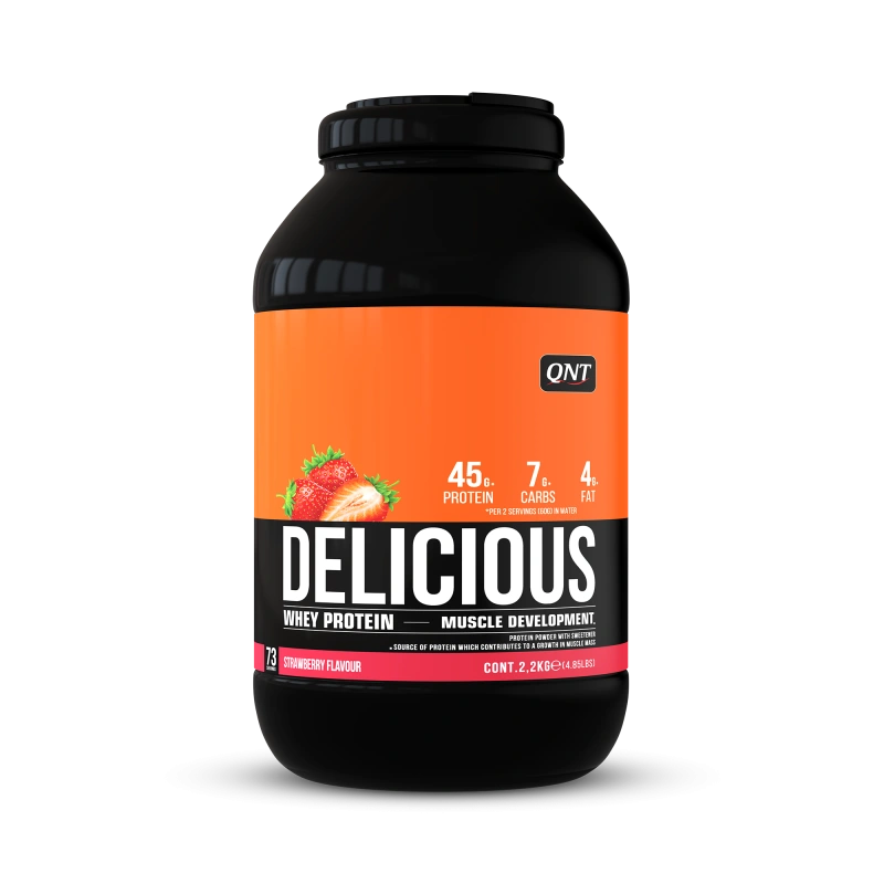 Išrūgų baltymai po sporto QNT Delicious, 2,2kg pakuotė, braškių skonio