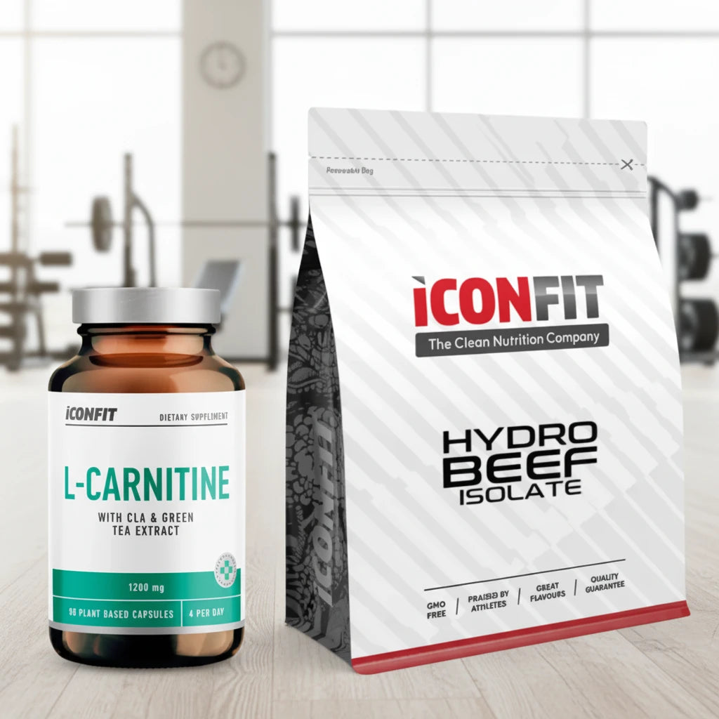 ICONFIT L-CARNITINE su CLA ir žaliosios arbatos ekstraktu 90 kaps. + ICONFIT HydroBEEF 1kg izoliatas