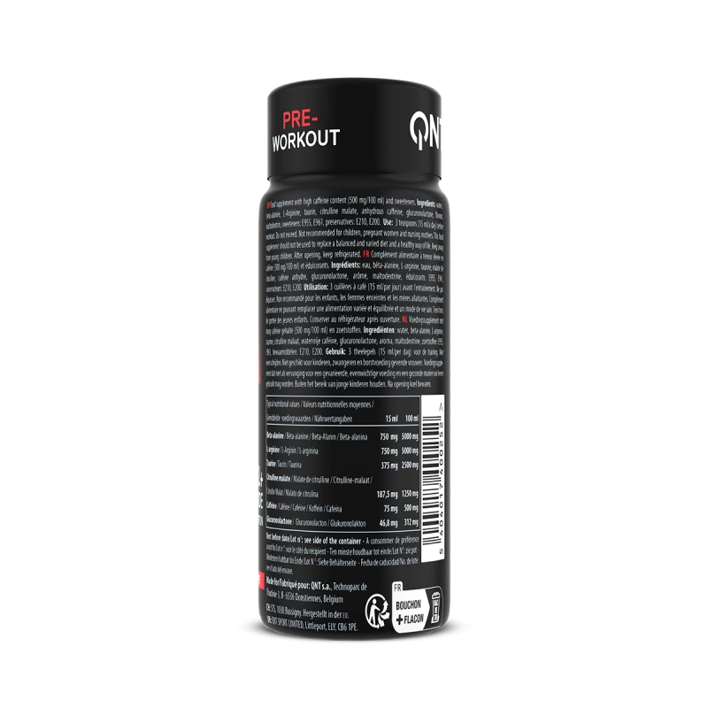 QNT Elite Nitric Oxide papildas prieš treniruotę, 80 ml pakuotė su matoma sudėtimi